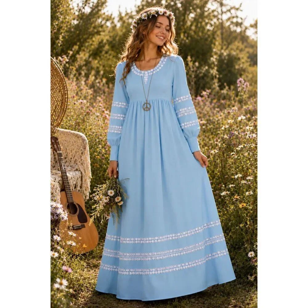 Vintage 1970s Handmade Prairie Maxi Dress Blue White Lace Empire Waist Cottageco